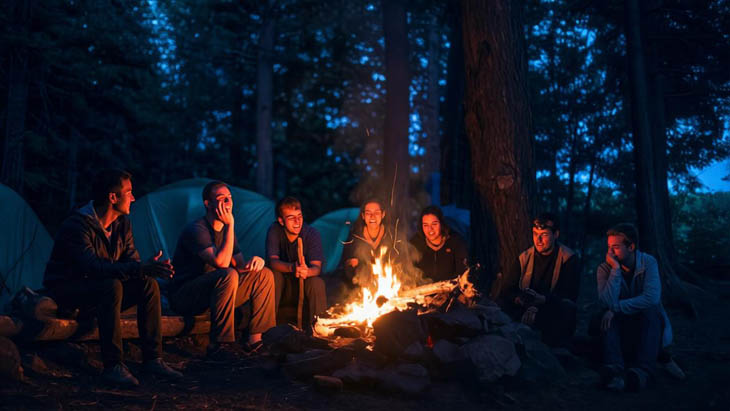 Friends camping at Lake Tahoe