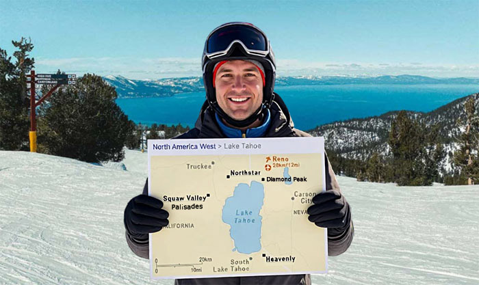 Skier with map of ski areas at Lake Tahoe