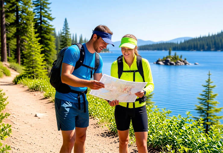 Hikers at Lake Tahoe Read a Map